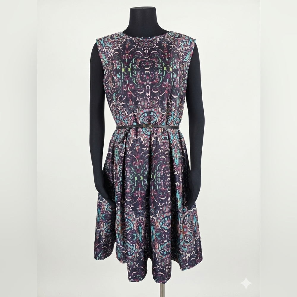 Liz Claiborne Sleeveless Printed Fit-and-Flare Dress in Black, Teal, Purple
